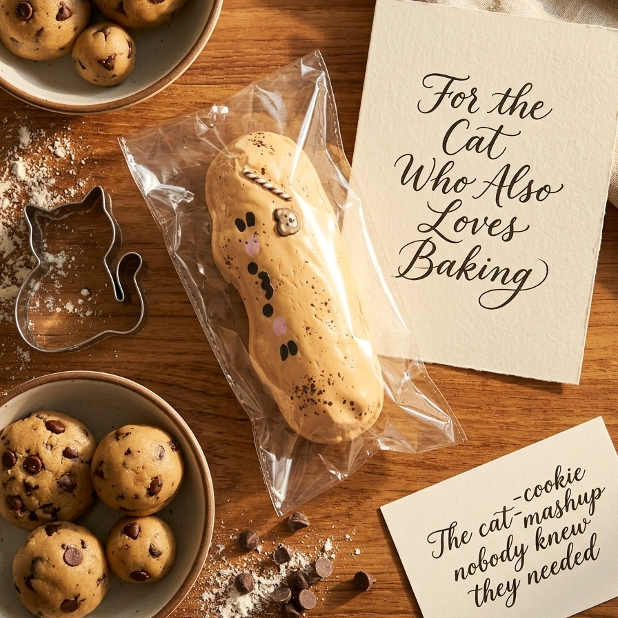 A styled baking scene on a wooden table showing a chocolate chip cookie dough log sealed in a clear bag, with bowls of cookie dough balls, flour, chocolate chips, a whisk, and two printed cards with handwritten text. No person or animal is present, so this is Product/Packaging rather than Lifestyle.