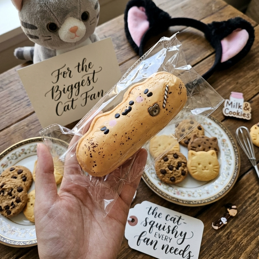 A hand holds a packaged novelty cat-shaped cookie in a clear plastic wrapper, surrounded by themed props on a wooden table including a plush cat, black-and-pink cat ears, cookie plates, and handwritten signs.
