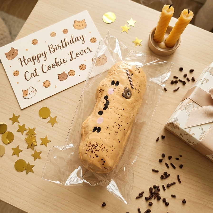 A packaged cat-shaped cookie sits on a light wood table surrounded by birthday-themed props, including a card that reads 'Happy Birthday Cat Cookie Lover,' gold star and coin confetti, two yellow candles, and a wrapped gift box.