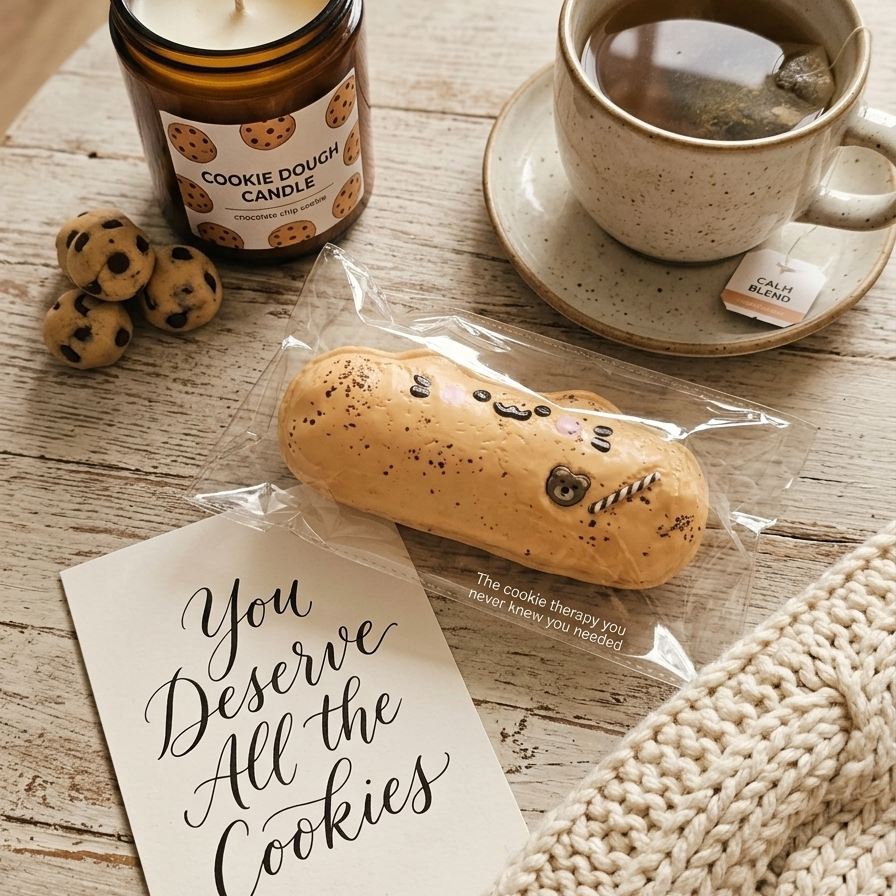 A cozy tabletop scene with a candle in an amber glass jar labeled 'Cookie Dough Candle,' a ceramic cup of tea on a saucer, a packaged cookie-shaped item, a card reading 'You Deserve All the Cookies,' and a chunky knit blanket on a rustic wood surface.