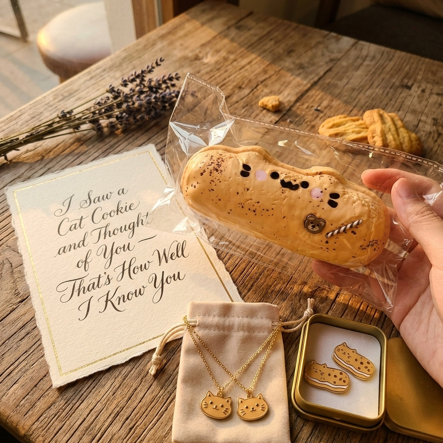 A hand holds a packaged cat-shaped cookie in a clear plastic sleeve on a rustic wooden table. The scene includes a cream card with cursive text, a small beige drawstring pouch with a gold-tone cat pendant necklace, a gold tin containing two matching cat-shaped cookies, dried lavender stems, and a few loose cookies nearby.