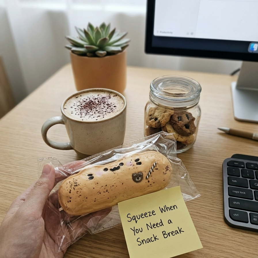 A hand holds a packaged baked snack bar with a yellow sticky note that reads 'Squeeze When You Need a Snack Break.' The scene is set on a desk with a coffee mug, a jar of cookies, a computer monitor, and a small potted succulent in a real indoor environment.