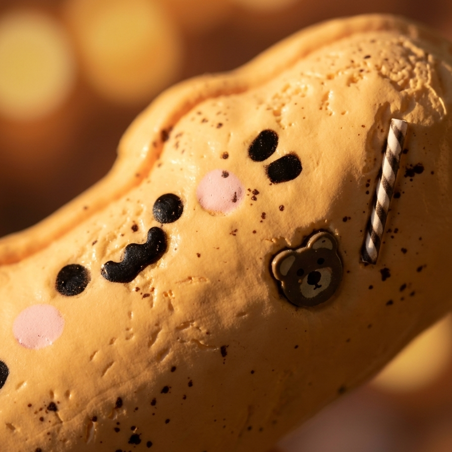 A close-up of a golden-brown macaron decorated with black and pink details, a small bear face, and a striped candy stick, set against a warm, blurred bokeh background.