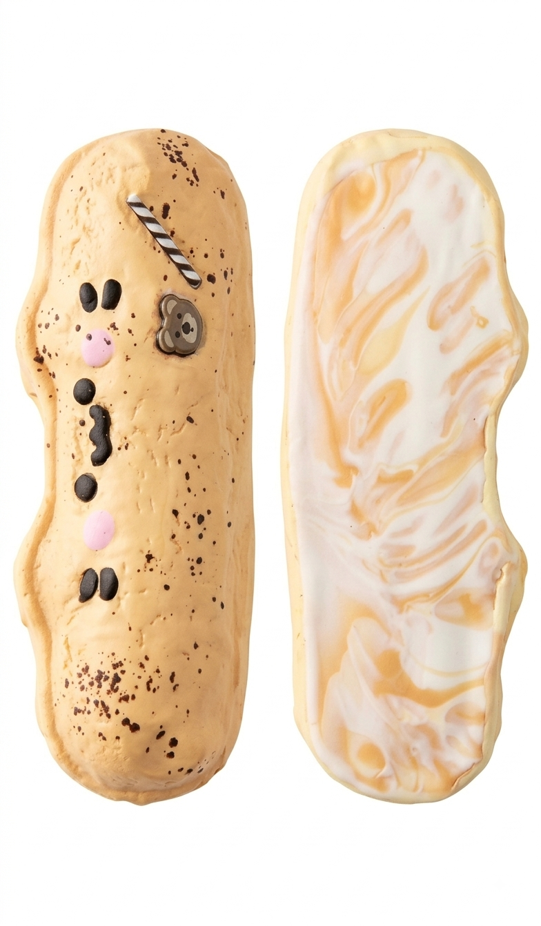 Two decorated pastries on a plain white background: a tan cream puff with small pink and black details and a striped decoration, next to a cream puff with a white and tan marbled pattern.