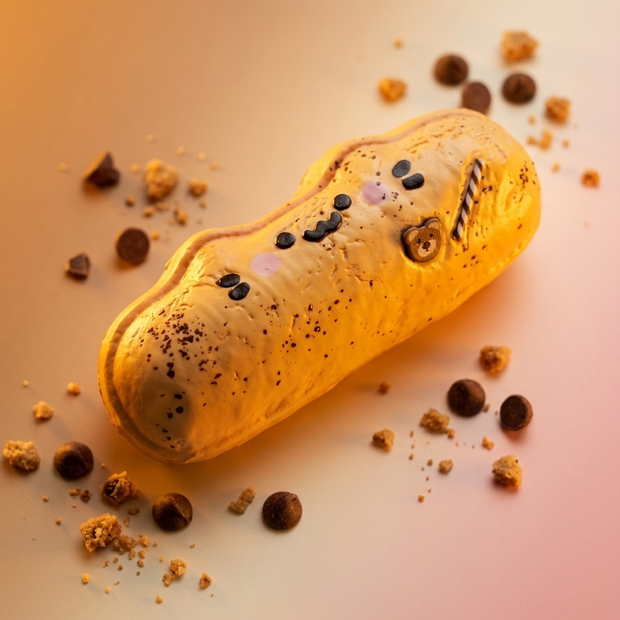 A single elongated pastry or cookie with a golden-yellow surface, dark chocolate speckles, and small decorative toppings, photographed on a softly lit warm gradient background with scattered crumbs and chocolate pieces around it.