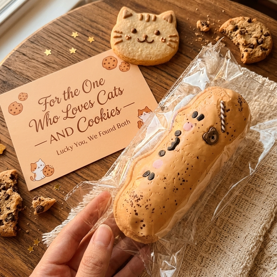 A hand holds a packaged baked good shaped like a peanut, decorated with a cat face and sprinkles, next to a printed card that reads 'For the One Who Loves Cats AND Cookies Lucky You, We Found Both.' A cat-shaped cookie and chocolate chip cookies sit on a wooden table in a cozy indoor setting.