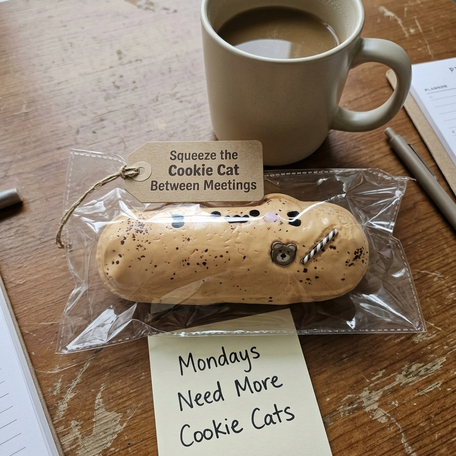 A novelty cookie shaped like a cat face, packaged in a clear plastic bag with a tag reading 'Squeeze the Cookie Cat Between Meetings,' sits on a wooden desk next to a mug of coffee and a note that says 'Mondays Need More Cookie Cats.'.