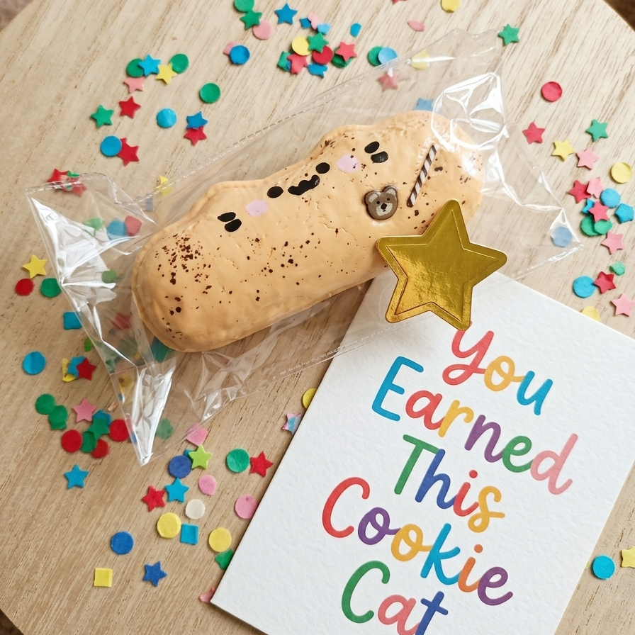 A cute, cat-shaped chocolate chip cookie in clear wrapping sits on a round wooden board next to a white card that reads 'You Earned This Cookie Cat' in colorful lettering, surrounded by colorful star and circle confetti.