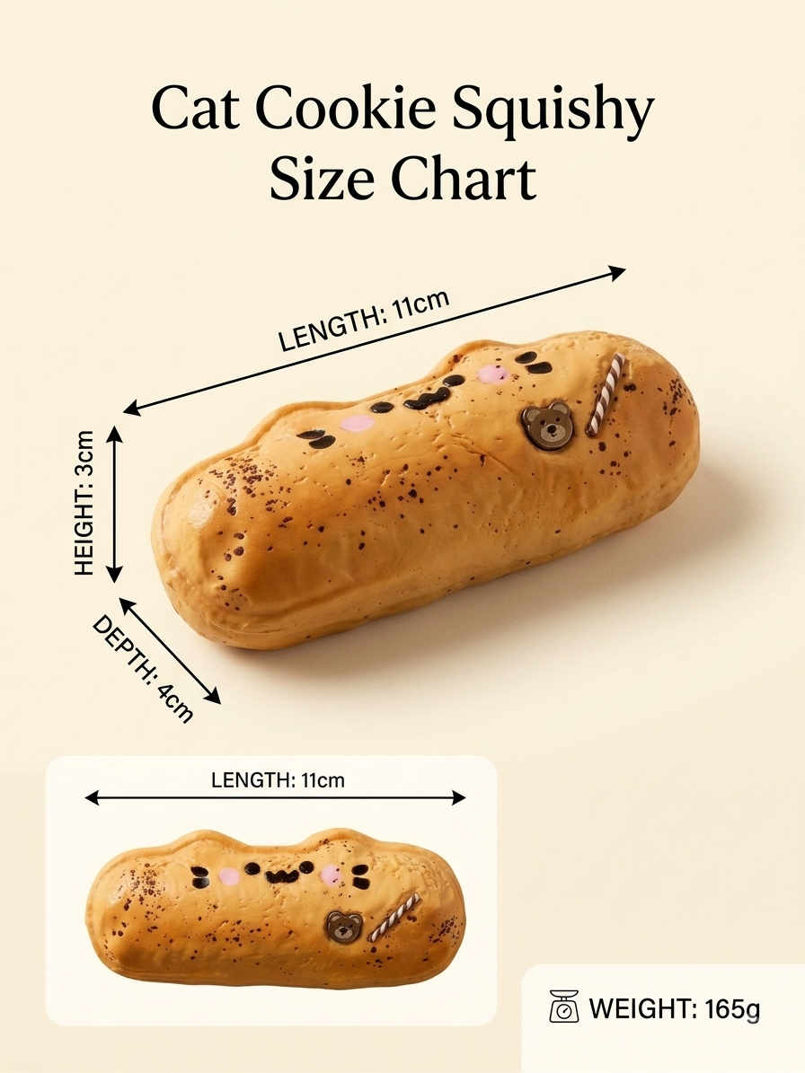 A size chart graphic for a Cat Cookie Squishy, showing the product with dimension arrows for length, height, and depth, plus a smaller inset view and weight information on a warm beige background.