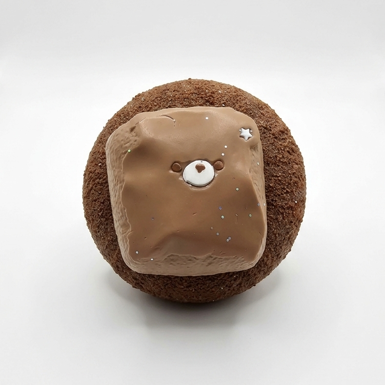 A chocolate-dipped donut or cupcake with a brown sugar-coated exterior, topped with a square piece of milk-chocolate frosting decorated with a small bear face and tiny white stars, set against a plain white background.