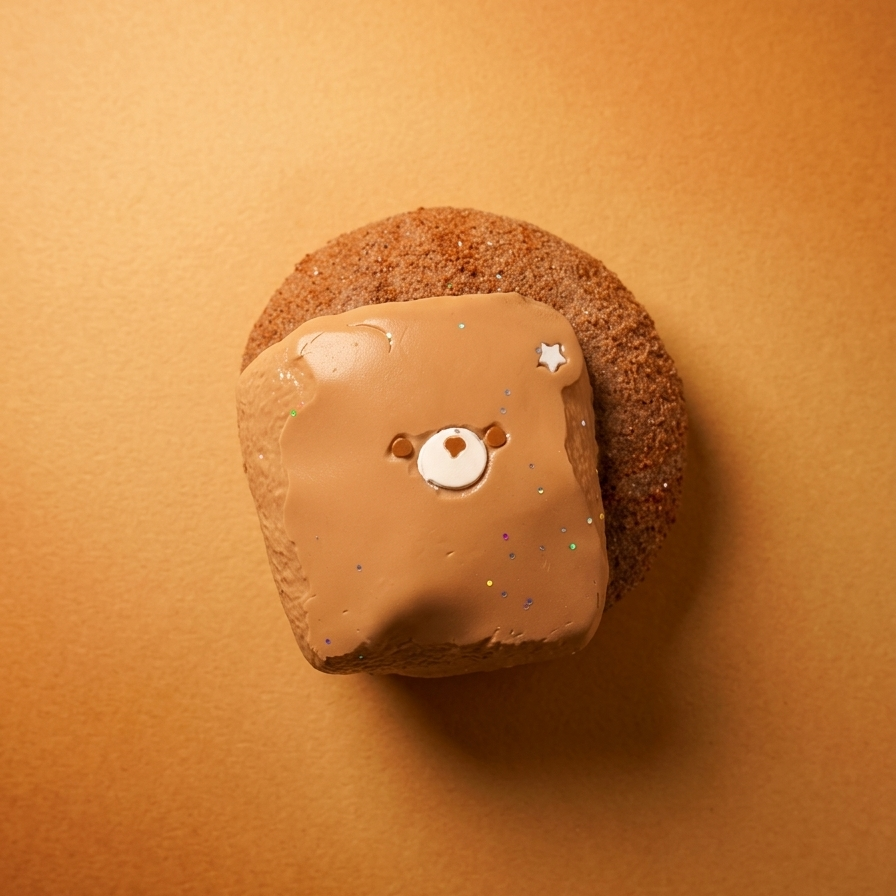 A square chocolate cake or pastry topped with smooth milk-chocolate frosting and decorated with a cute teddy bear face, set against a warm brown background.
