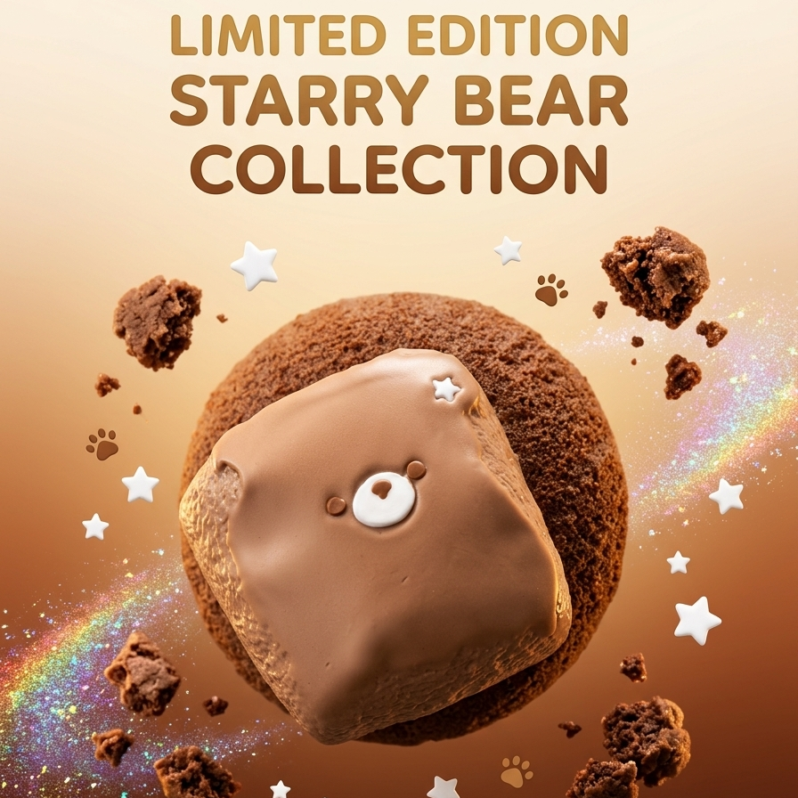 Promotional graphic for the 'Limited Edition Starry Bear Collection' featuring a collectible squishy shaped like a chocolate-covered bear face surrounded by floating crumbs, paw prints, and stars on a warm gradient background.