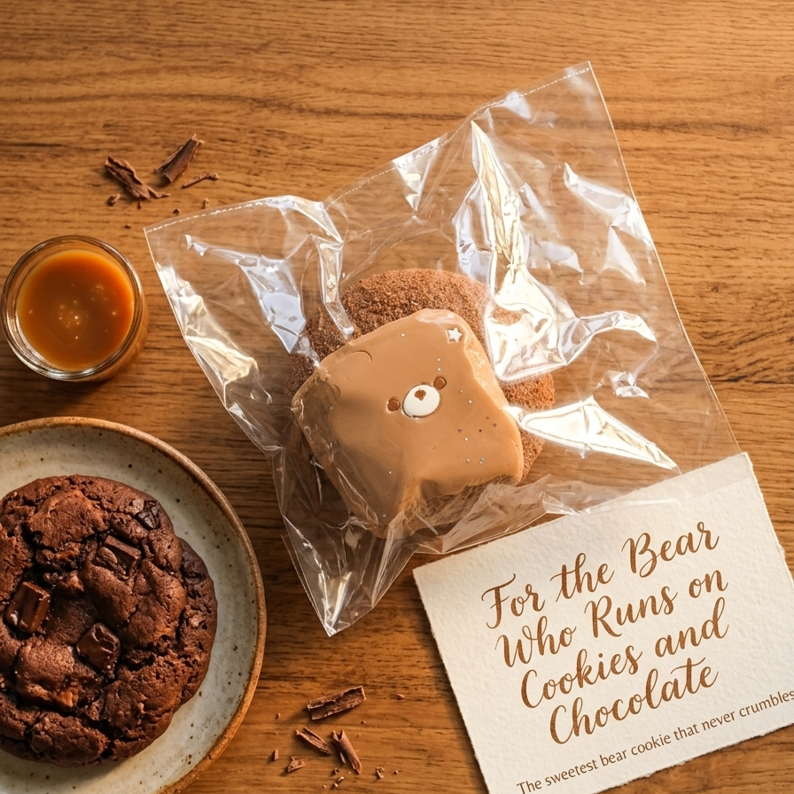 A packaged chocolate cookie shaped like a bear face sits on a wooden table next to a plate of chocolate chip cookies and a small glass of caramel, with a printed card reading 'For the Bear Who Runs on Cookies and Chocolate'.