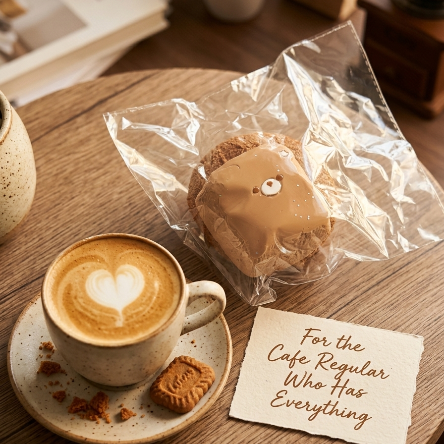 A packaged brown frosted pastry with a small white eye detail sits on a wooden table beside a latte with heart-shaped latte art, a biscuit, and a handwritten note that reads, 'For the Cafe Regular Who Has Everything.'.