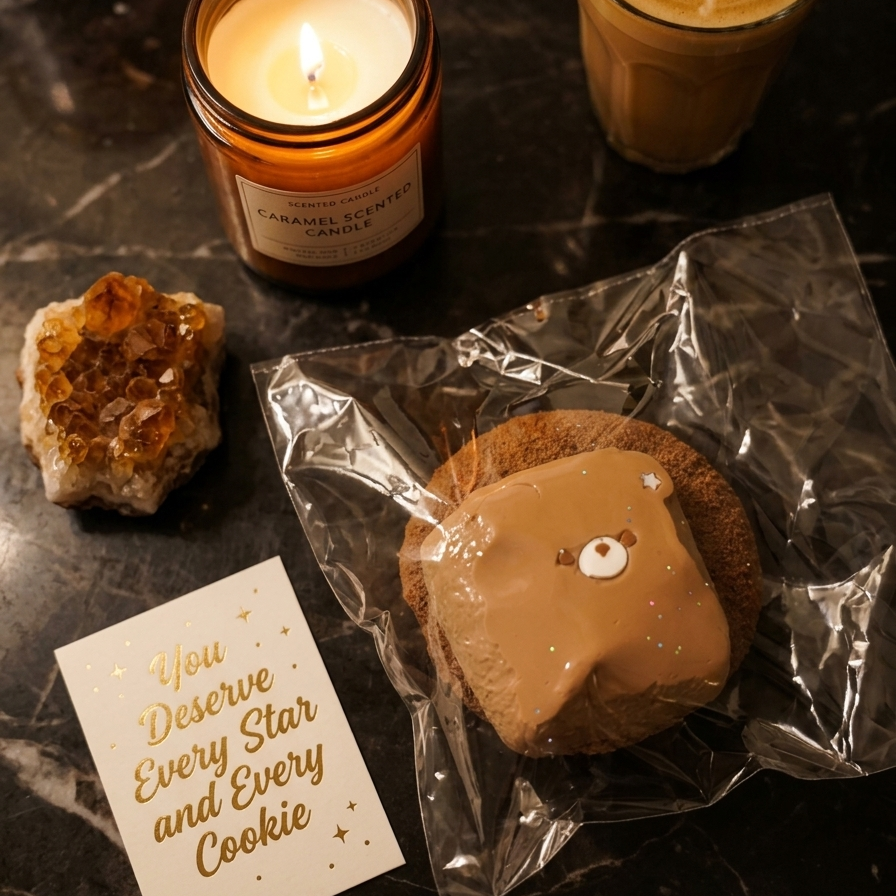 A packaged chocolate cookie with a teddy bear face sits on a dark marble surface next to a lit candle, a cup of latte, a crystal cluster, and a card that reads 'You Deserve Every Star and Every Cookie'.