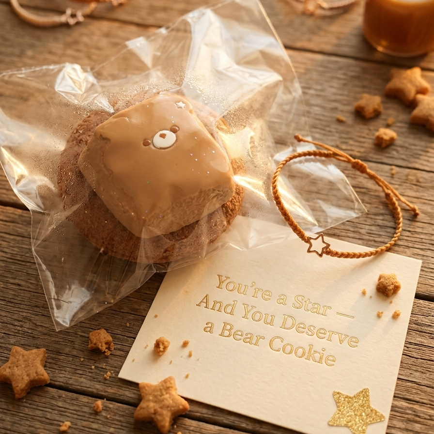 A packaged bear-shaped cookie sits on a rustic wooden table beside a printed card that reads 'You're a Star — And You Deserve a Bear Cookie,' with small star cookies and bracelets scattered around.