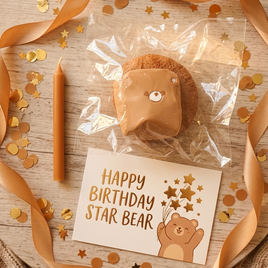 A packaged Star Bear birthday treat on a wooden surface with a gold candle, confetti, ribbon, and a card that reads 'Happy Birthday Star Bear' with a cartoon bear holding gold stars.