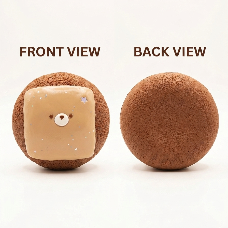 A brown textured spherical product shown from two angles on a white background, labeled 'FRONT VIEW' and 'BACK VIEW'. The front view shows a beige square panel with a small bear face, while the back view shows the plain brown side.