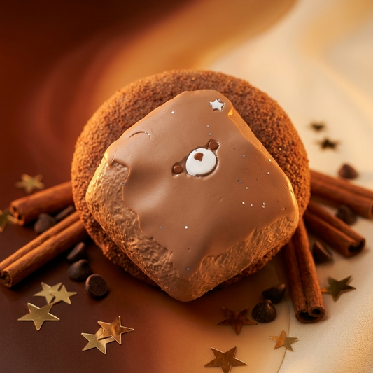 A square chocolate dessert topped with smooth milk-chocolate icing and a cute bear face, styled with cinnamon sticks, cocoa chips, and gold star confetti on a warm brown and cream background.