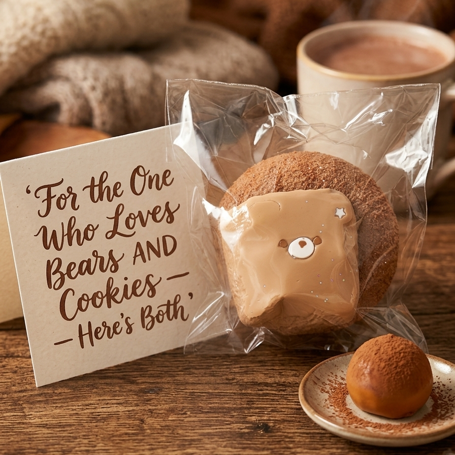 A packaged baked cookie shaped like a bear face sits on a wooden table beside a small plate with a round cookie and a printed card that reads, "For the One Who Loves Bears AND Cookies — Here's Both." A mug and cozy blankets appear blurred in the background.