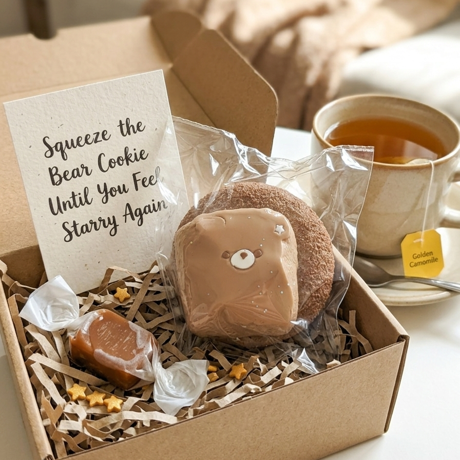 A gift box containing a bear-shaped cookie, a caramel candy, and a card that reads 'Squeeze the Bear Cookie Until You Feel Starry Again,' styled next to a cup of tea on a table.
