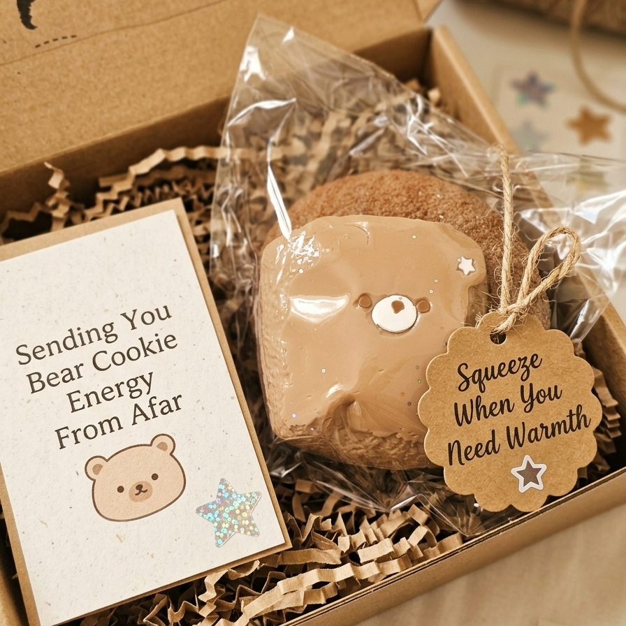A packaged bear-shaped cookie gift set in a kraft box with shredded paper filler. The cookie is wrapped in clear plastic and has a paper tag that reads 'Squeeze When You Need Warmth.