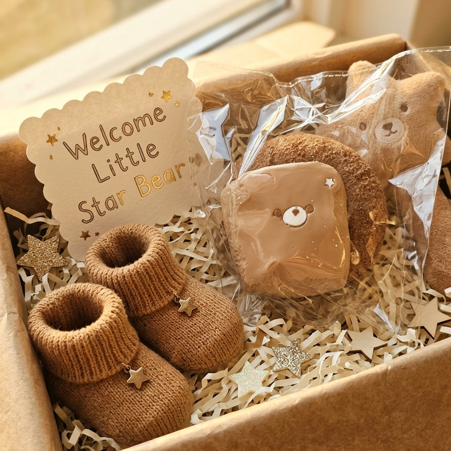 A baby shower gift box filled with cute brown-themed items, including a pair of knit booties, a teddy bear plush, a bear-shaped soap, and a 'Welcome Little Star Bear' card, arranged in shredded paper inside a kraft box.