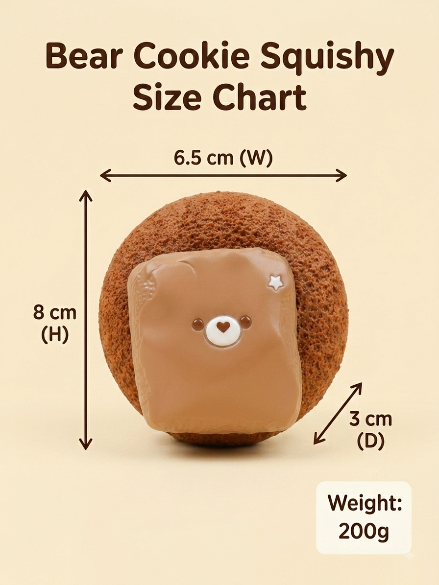 Bear Cookie Squishy size chart on a beige background, showing a brown cookie-shaped squishy with a tan bear face and measurement arrows indicating 6.5 cm width, 8 cm height, 3 cm depth, and weight 200g.