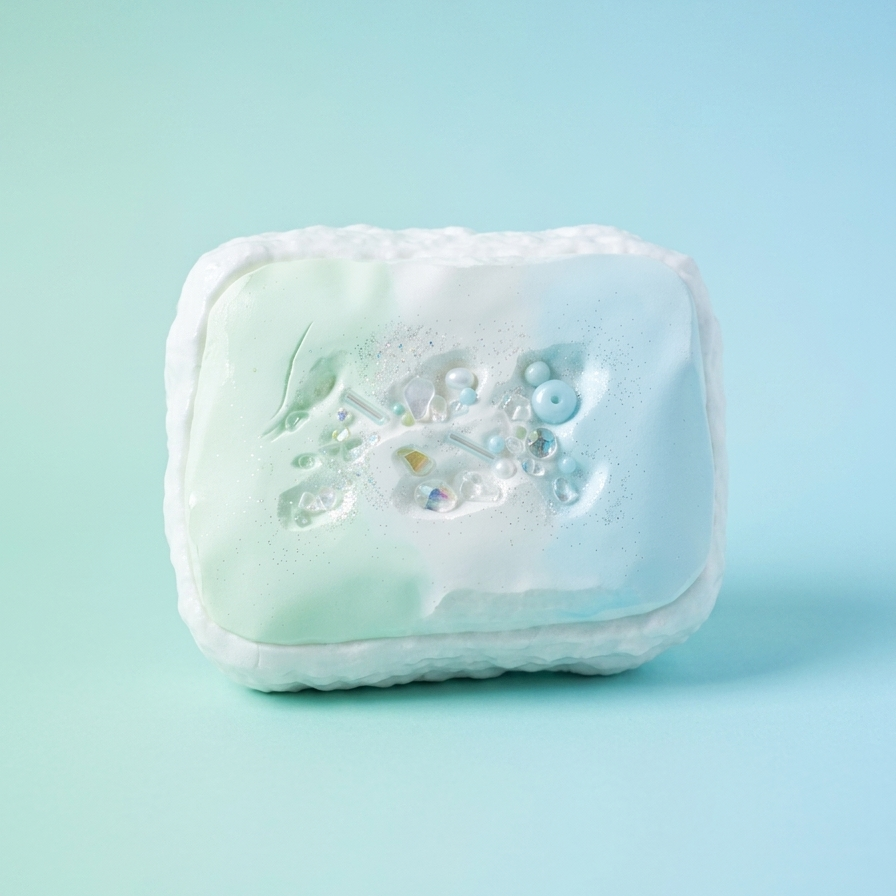A square decorative bath bomb or soap bar with a textured, bubbled surface featuring small embedded beads and glitter, set against a soft mint green and light blue gradient background.