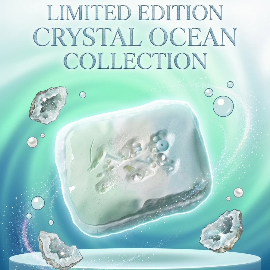 A limited edition crystal ocean collection display featuring a large translucent pale green crystal floating above a white pedestal, with smaller clear crystals around it and the text 'LIMITED EDITION CRYSTAL OCEAN COLLECTION' at the top.