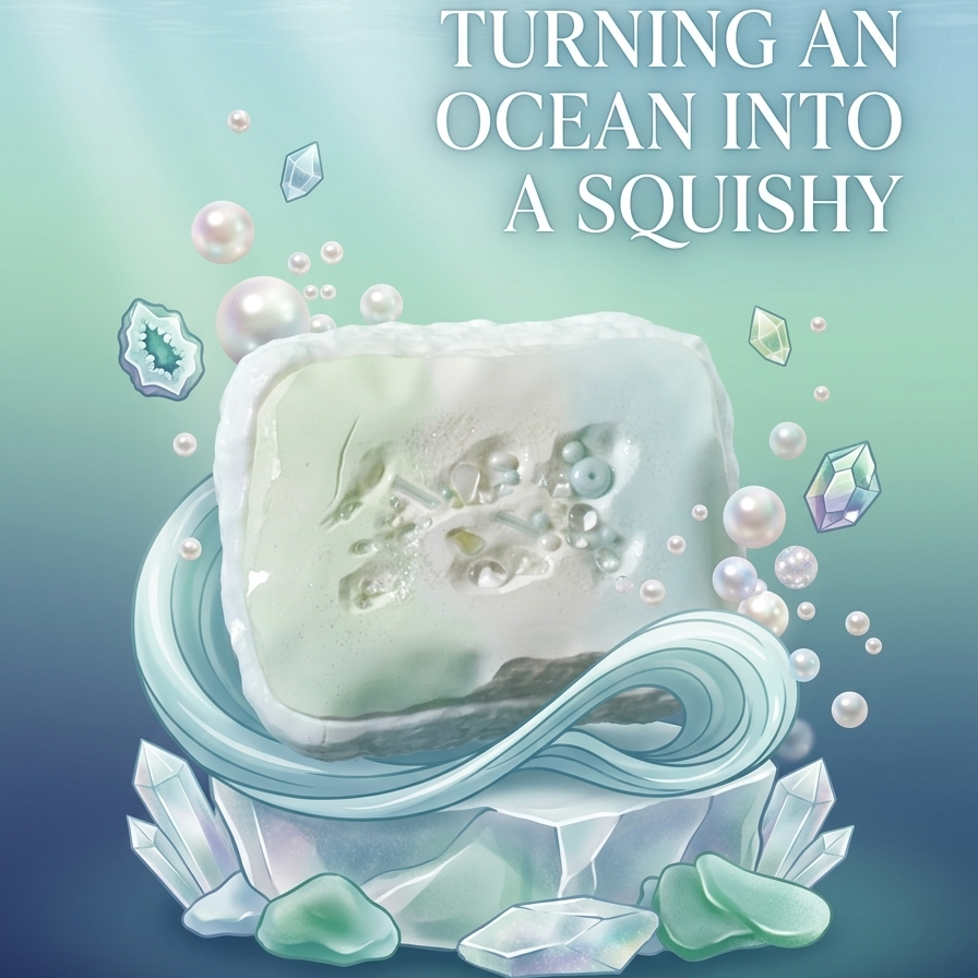 An underwater-themed graphic with the text 'TURNING AN OCEAN INTO A SQUISHY' above a stylized translucent squishy cube resting on a swirling wave-like form, surrounded by bubbles, crystals, and sea glass on a blue-green gradient background.