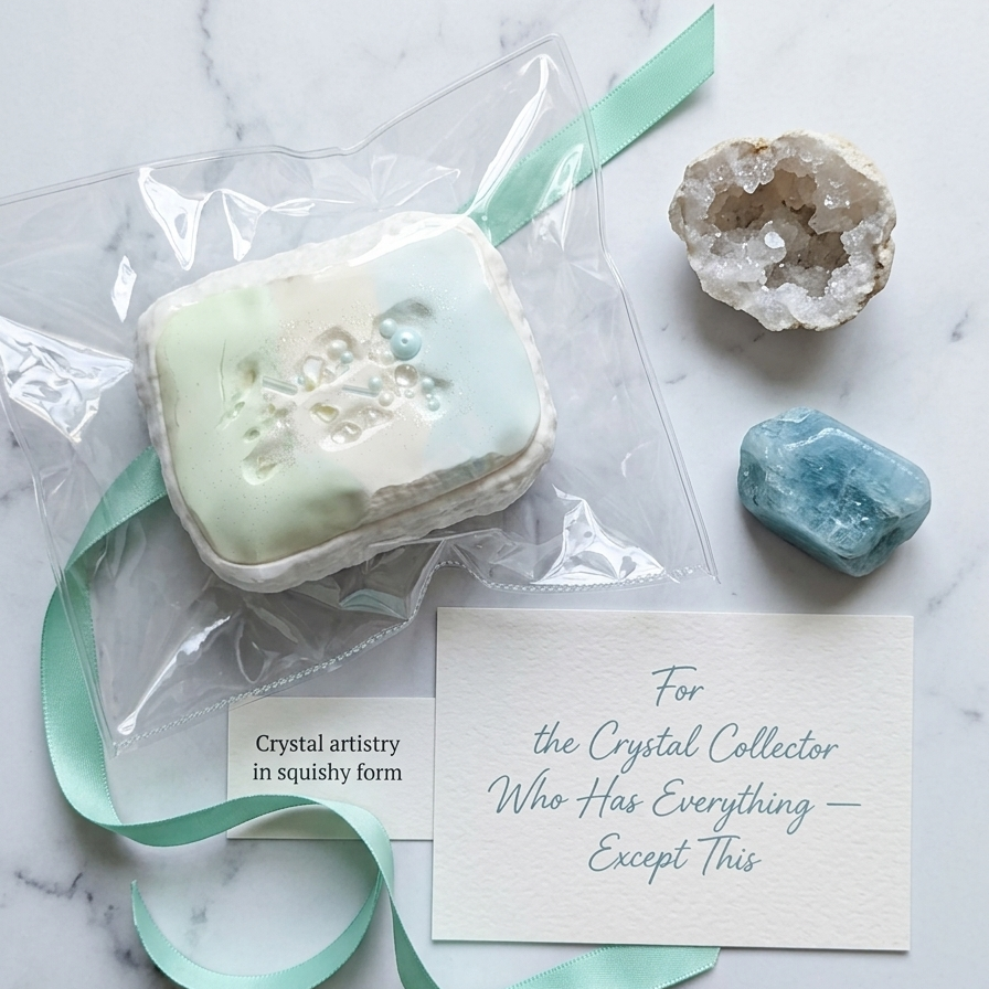 A square white and pale green crystal artistry soap in a clear plastic bag with a mint green ribbon, displayed on a white marble surface next to a geode, a blue stone, and a handwritten note.