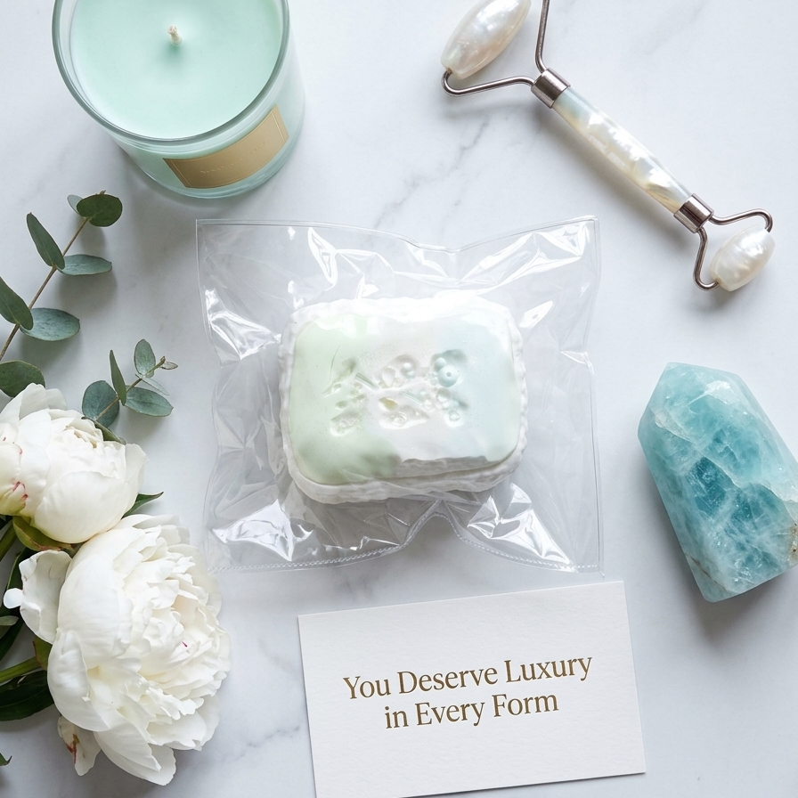 A styled flat-lay featuring a packaged bar of soap in the center, surrounded by a mint green candle, a dual-ended facial roller tool, a blue crystal, white flowers, and a card that reads 'You Deserve Luxury in Every Form' on a light marble background.