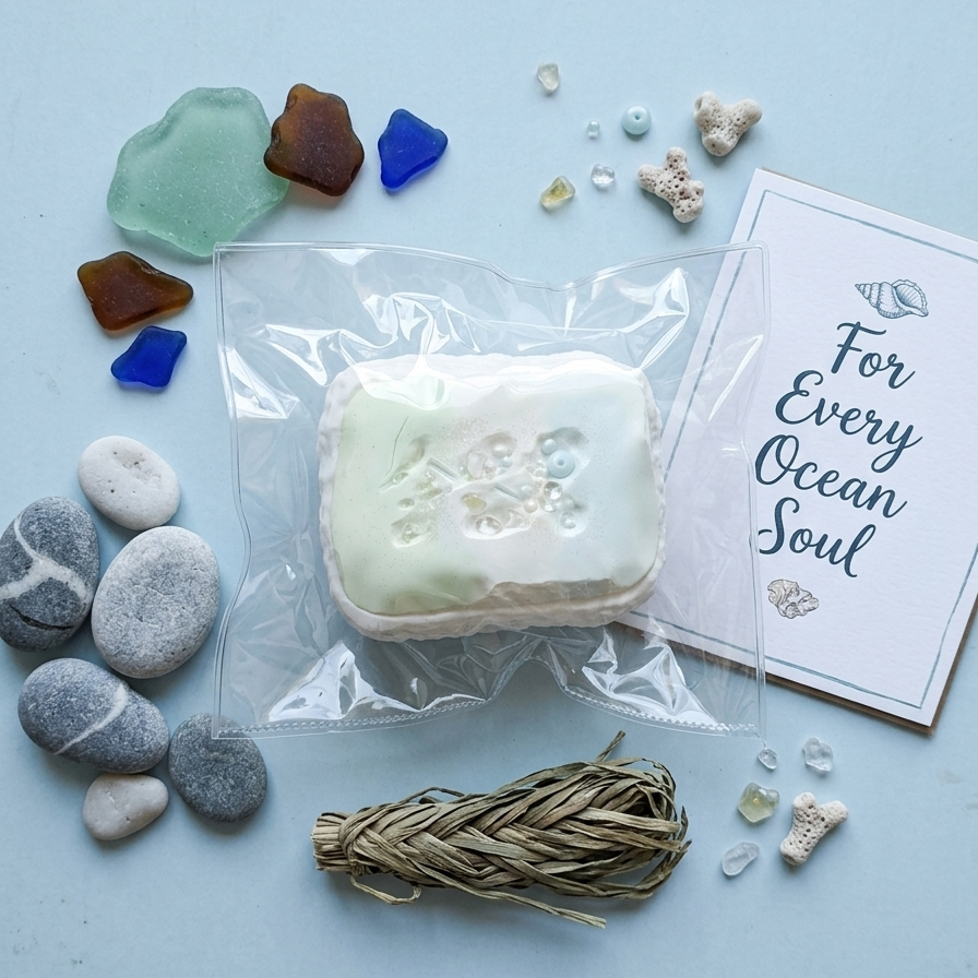 A packaged handmade soap bar with embossed floral detailing, displayed on a light blue background with beach-themed props including sea glass, stones, a braided seaweed bundle, and a card that reads 'For Every Ocean Soul'.