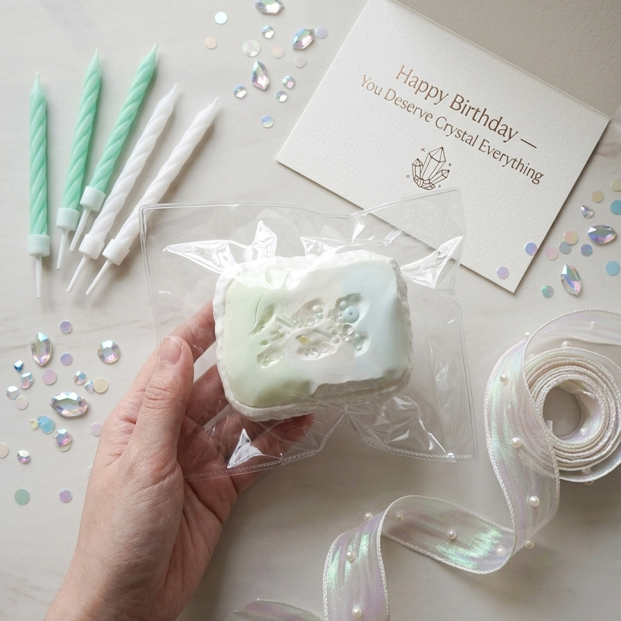A hand holds a frosted square cake topper wrapped in clear cellophane, surrounded by pastel birthday candles, a pearl-edged ribbon, scattered rhinestones, and a card that reads 'Happy Birthday - You deserve Crystal Everything' on a light surface.