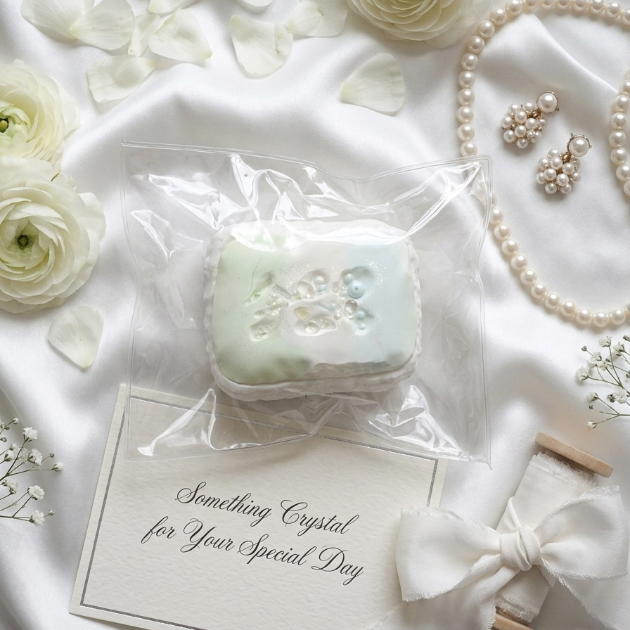 A packaged crystal gift box containing a pale green and white faceted crystal, placed on a white satin fabric with white flowers, pearl jewelry, and a card that reads 'Something Crystal for Your Special Day'.