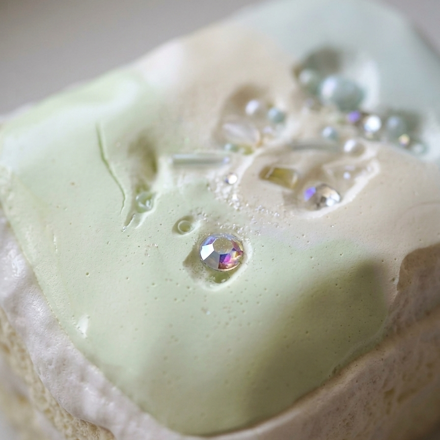 A close-up of a square sponge cake or pastry topped with pale mint green and creamy white frosting, decorated with iridescent rhinestones.