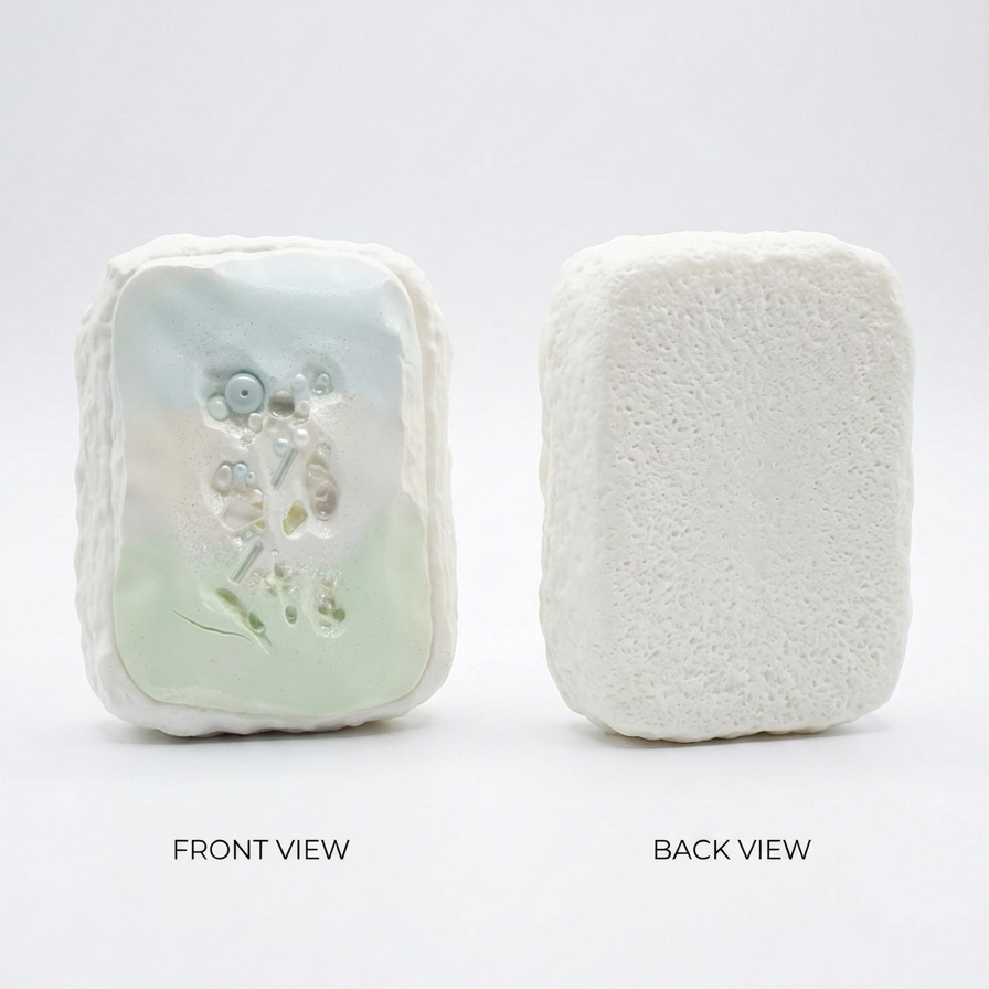 A rectangular textured white object shown from two angles on a light gray background, labeled FRONT VIEW and BACK VIEW. The left view shows a glossy pale green and white front face with a raised floral motif, while the right view shows a rough matte white back.