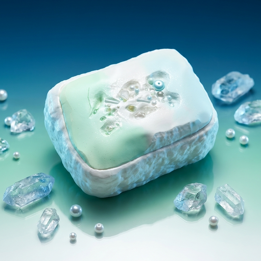 A decorative jewelry box with a textured, icy blue and mint green finish, adorned with clear crystals and pearl-like beads on its lid. The box is styled on a reflective light green surface with scattered clear crystals and pearls against a dark blue gradient background.