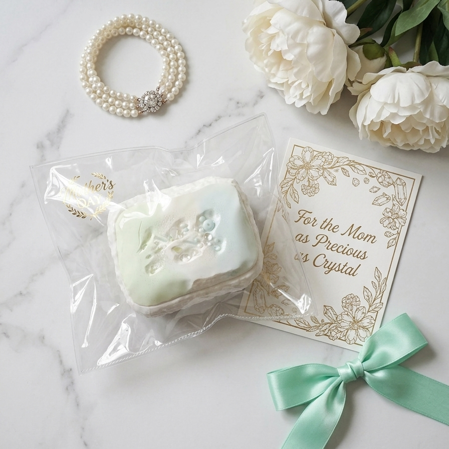 A packaged soap gift set on a white marble surface with white flowers and a pearl bracelet. The set includes a square soap in clear wrapping with a pale mint and white floral design, a gold-bordered card reading 'For the Mom as Precious as Crystal,' and a mint green ribbon bow.