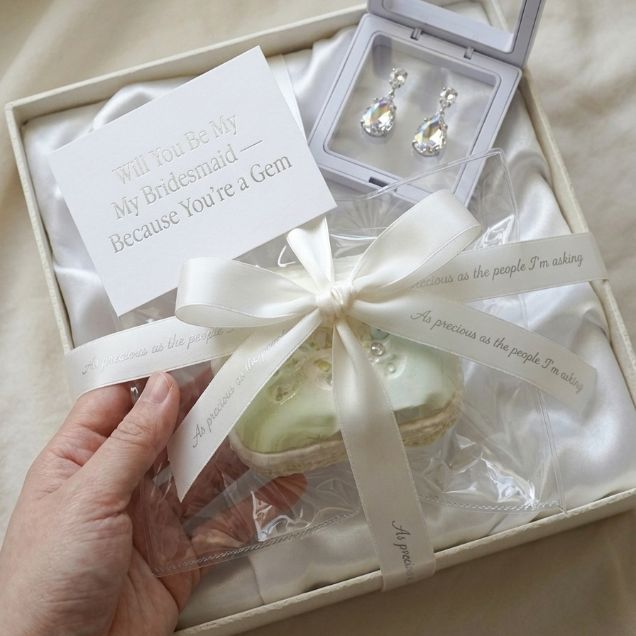 A bridal shower gift set in a cream-colored box with satin lining, featuring a heart-shaped macaron under a clear cellophane wrapper tied with a cream ribbon, a small open box of silver stud earrings, and a white card that reads 'WELL YOU BE MY Bridesmaid Because You're a Gem'. A hand is holding the packaged macaron on the left side.