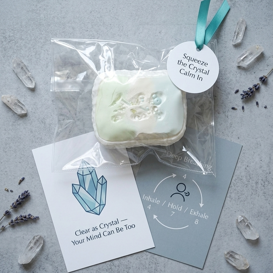 A packaged crystal ball bath bomb set on a textured gray surface, surrounded by decorative clear crystals and dried lavender. The set includes a clear plastic bag containing a pale mint green and white crystal bath bomb, a white hanging tag that reads 'Squeeze the Crystal Calm In', a printed card with a blue crystal illustration reading 'Clear as Crystal — Your Mind Can Be Too', and a gray card with a breathing exercise diagram.