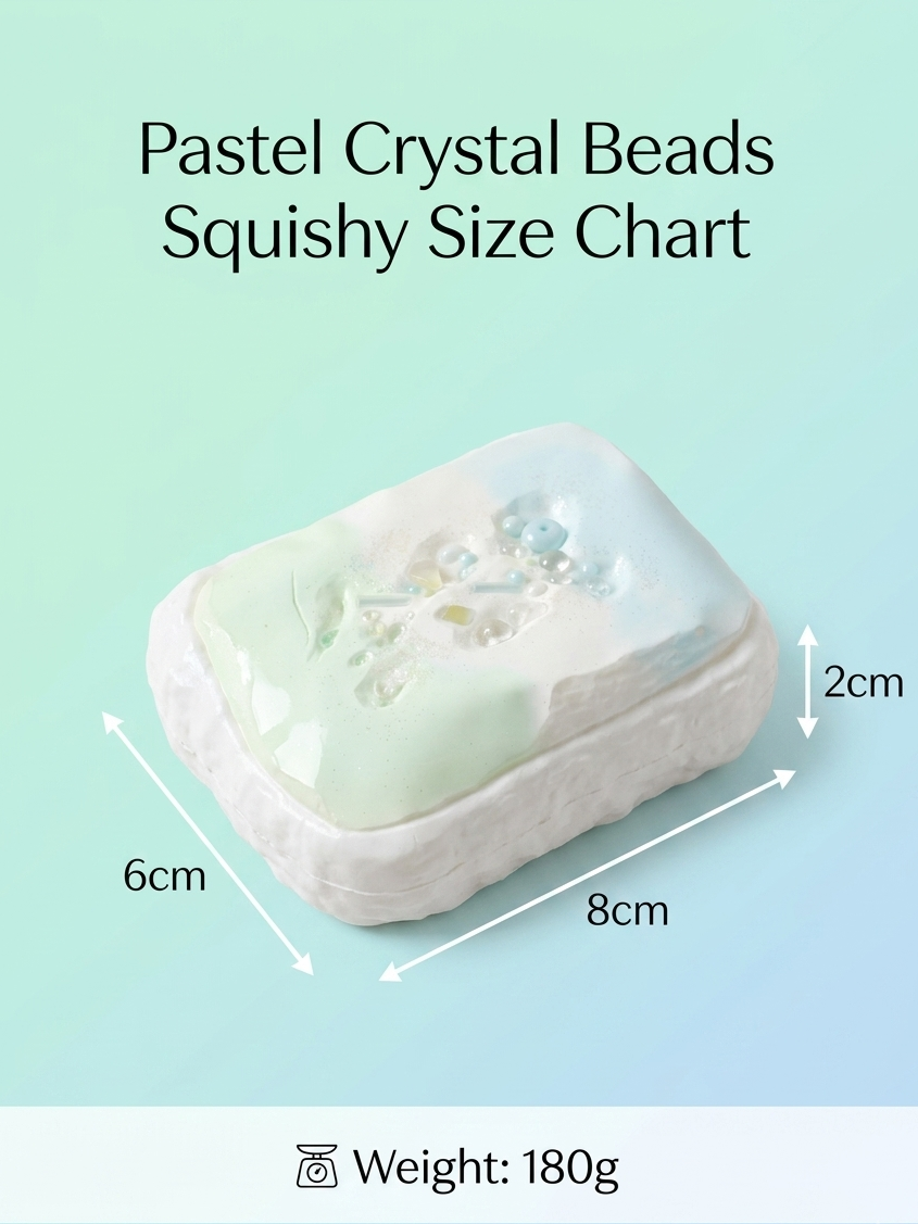 A pastel crystal beads squishy size chart graphic showing a rectangular white and pale green gel-like product with arrows and labels indicating dimensions of 6cm, 8cm, and 2cm, plus a weight note of 180g on a soft mint-to-blue gradient background.
