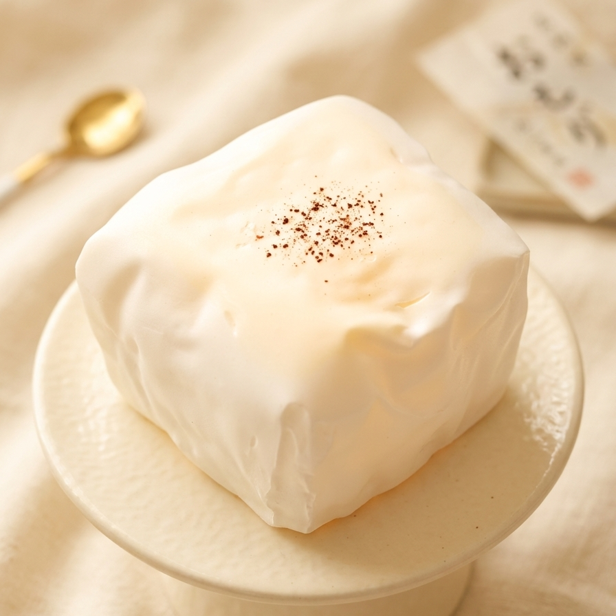 A square white foam dessert or mousse on a small round pedestal plate, lightly dusted with cocoa powder, set on a warm cream fabric background with a gold spoon and blurred card in the background.