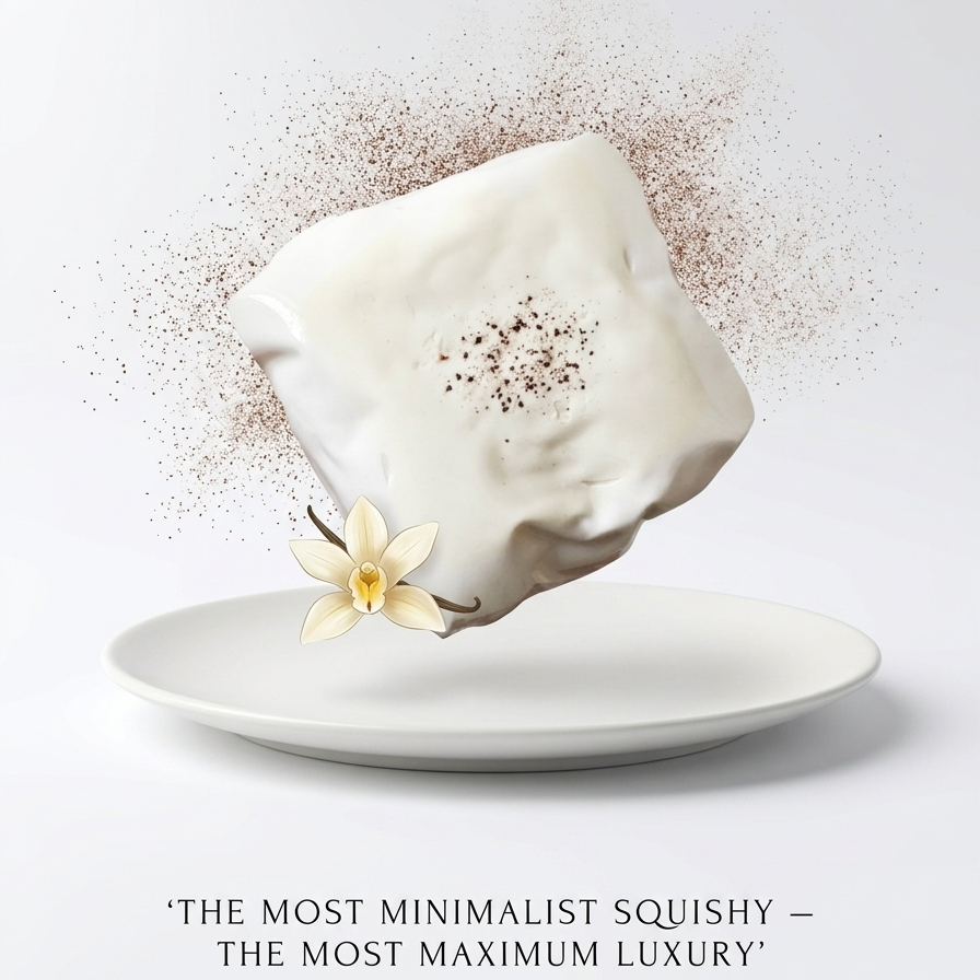 A white squishy toy with a vanilla flower accent and cocoa powder details, floating above a white plate on a light gray background with promotional text at the bottom.