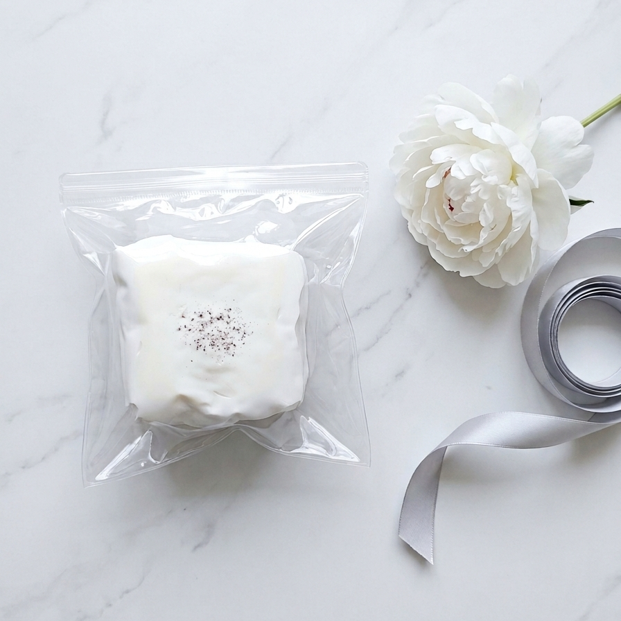 A clear plastic bag containing a white rectangular item with a small black speckled design, styled on a white marble surface next to a white flower and a silver ribbon.