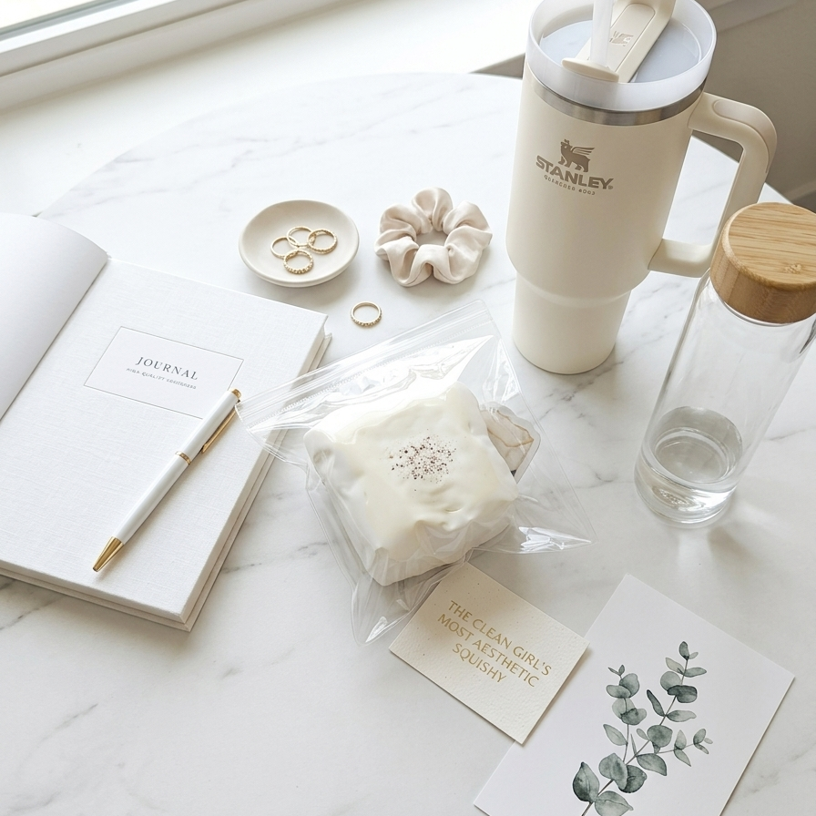 A styled flat-lay of a self-care gift set on a white marble surface near a window. The set includes a Stanley travel mug, a glass water bottle with a bamboo lid, a notebook with a pen, a small dish with rings, a scrunchie, a packaged cream-colored item, and a botanical card.