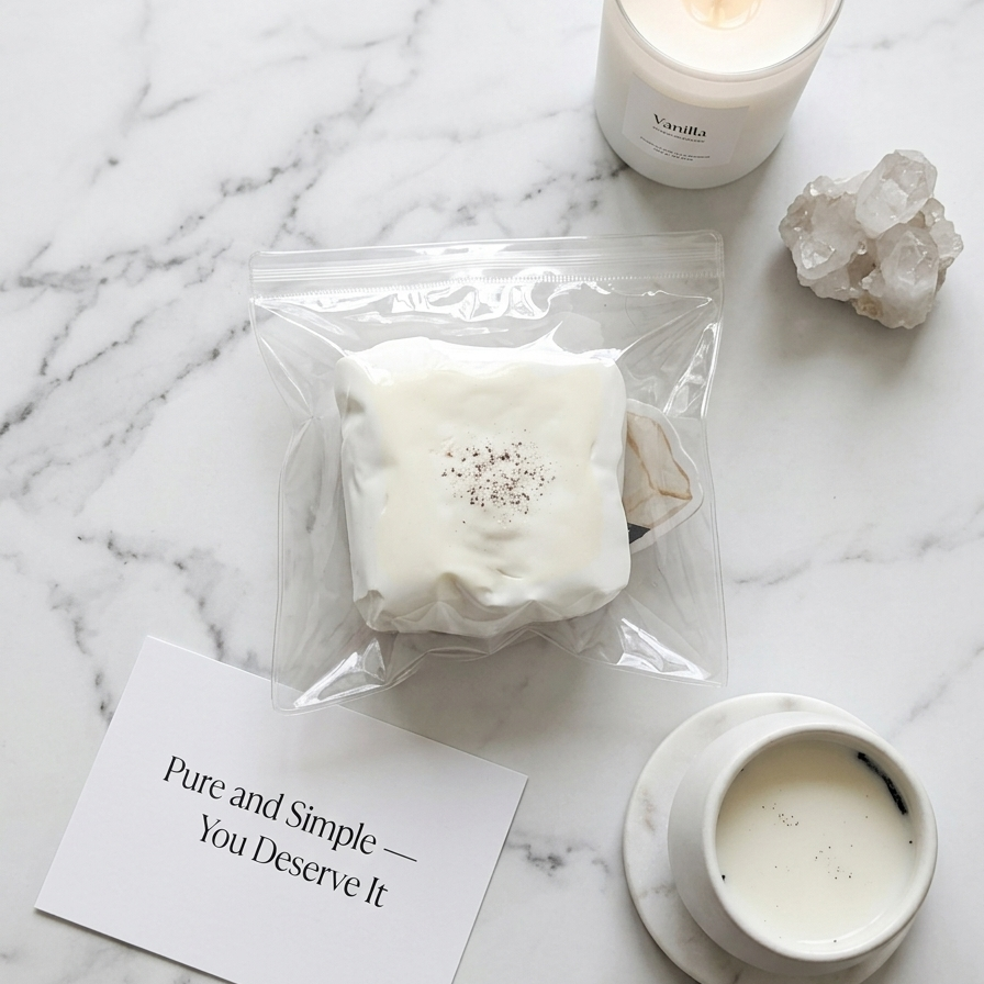 A packaged white wax candle sits on a white marble surface with a lit jar candle, a small cup of wax, a crystal cluster, and a printed card reading 'Pure and Simple — You Deserve It.' No person or animal is present, so this is Product/Packaging rather than Lifestyle.