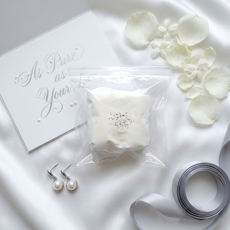 A styled flat-lay of a bridal shower favor package containing a white soap or wax melt in a clear bag, surrounded by white satin fabric, pearl earrings, a card reading 'As Pure as Your.