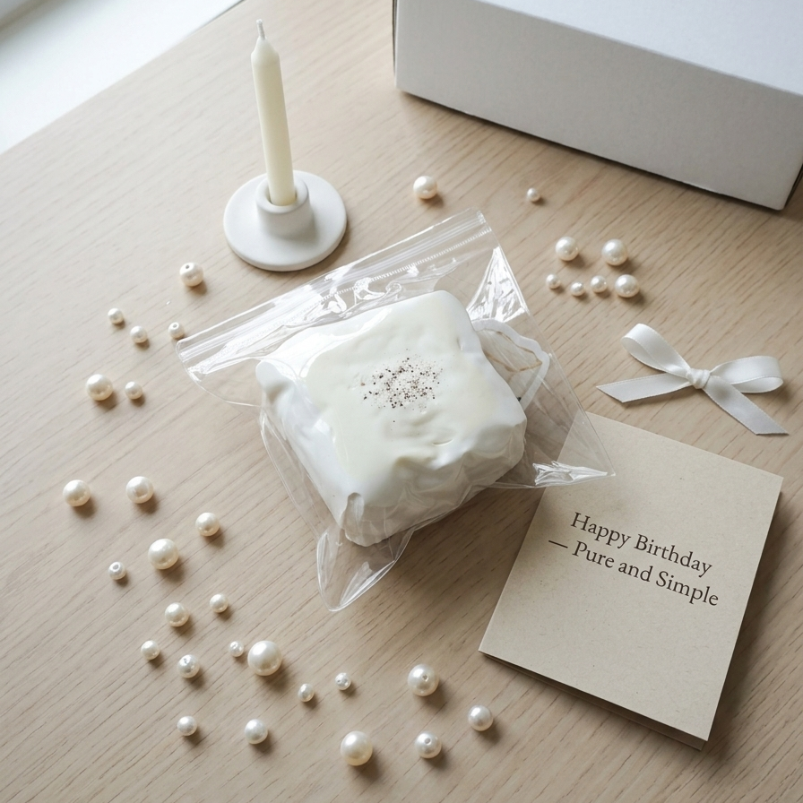 A packaged white square item wrapped in clear plastic sits on a light wood tabletop beside a white candle holder, scattered pearl-like beads, a small white ribbon bow, and a beige card that reads 'Happy Birthday — Pure and Simple.' A white box is partially visible in the background.